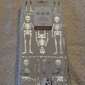 2 Kitchen Towels 16X26 FOIL SKELETONS Gray Silver Halloween NEW WITH TAGS